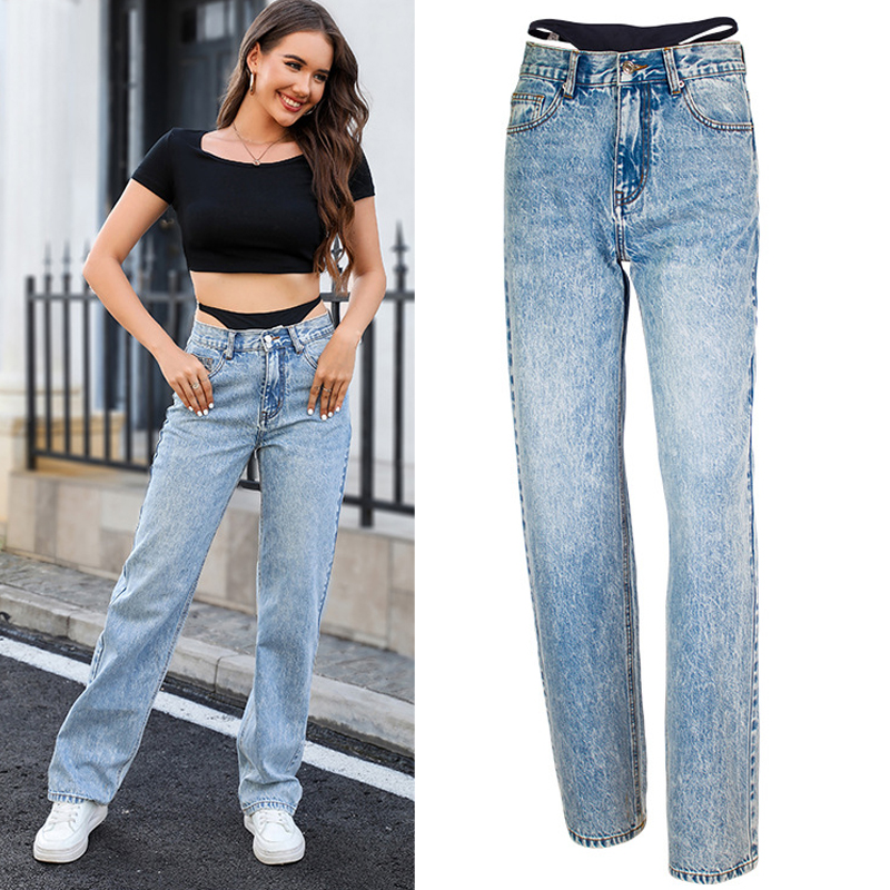 Streetwear Outfit Brand - Falso duas peças costura jeans retos